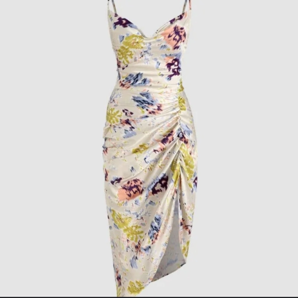 Floral Ruched Midi Dress in Cream